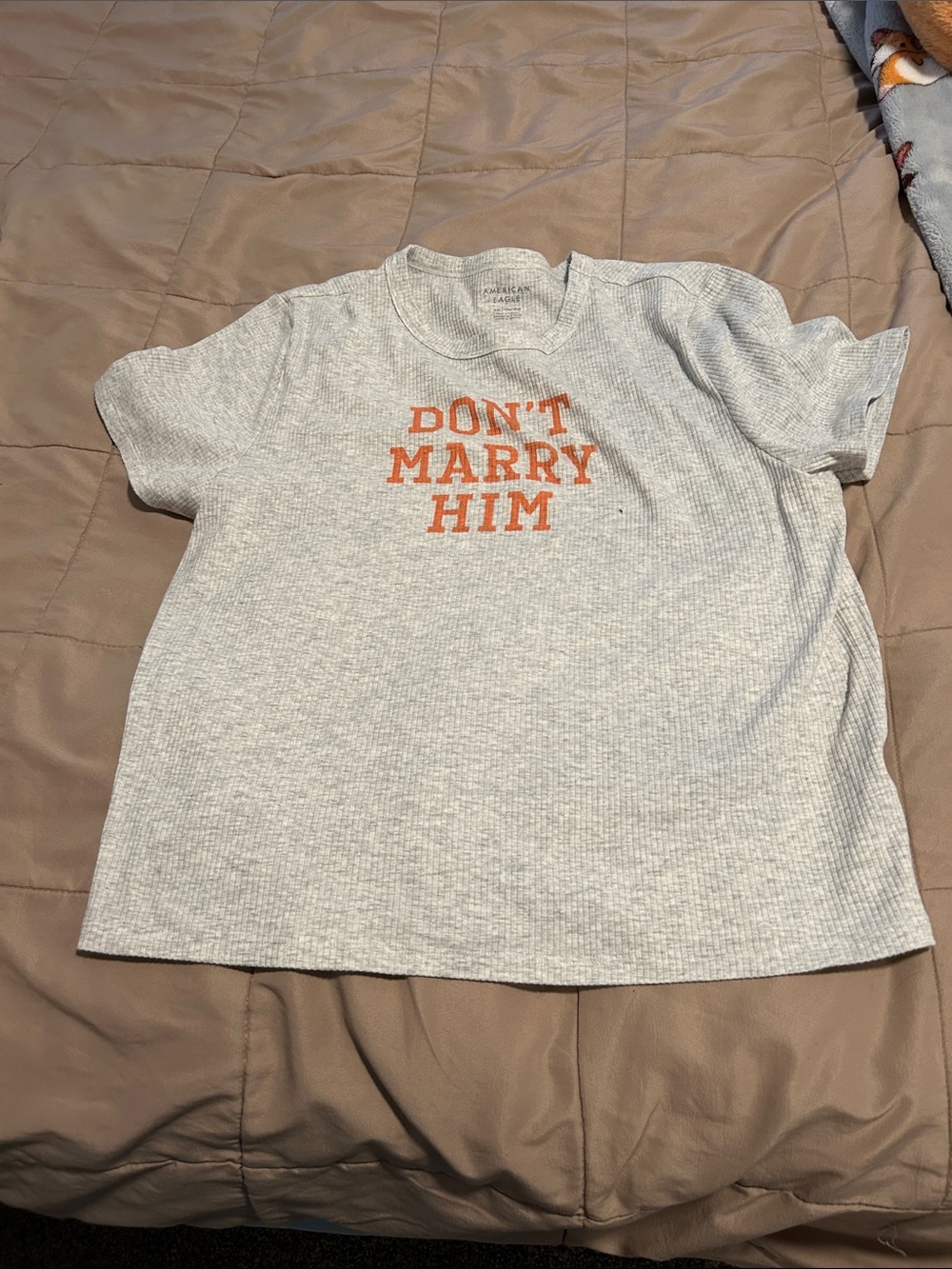 American Eagle Outfitters Gray Ribbed Tee with Orange Text